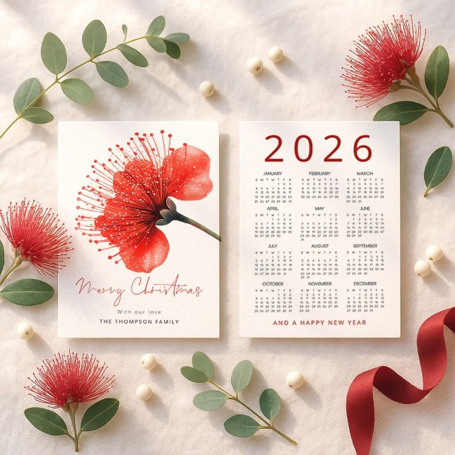 Flor de Pōhutuka 2026 Calendario Feliz Navidad (Front and back view)