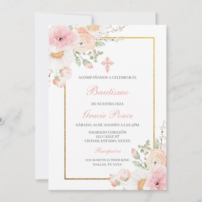 Flor de primavera Bautismo Invitación española (Anverso)