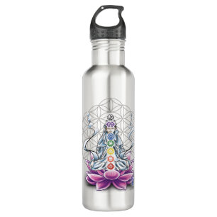 Flor de vida, chakra, botella de agua de la diosa