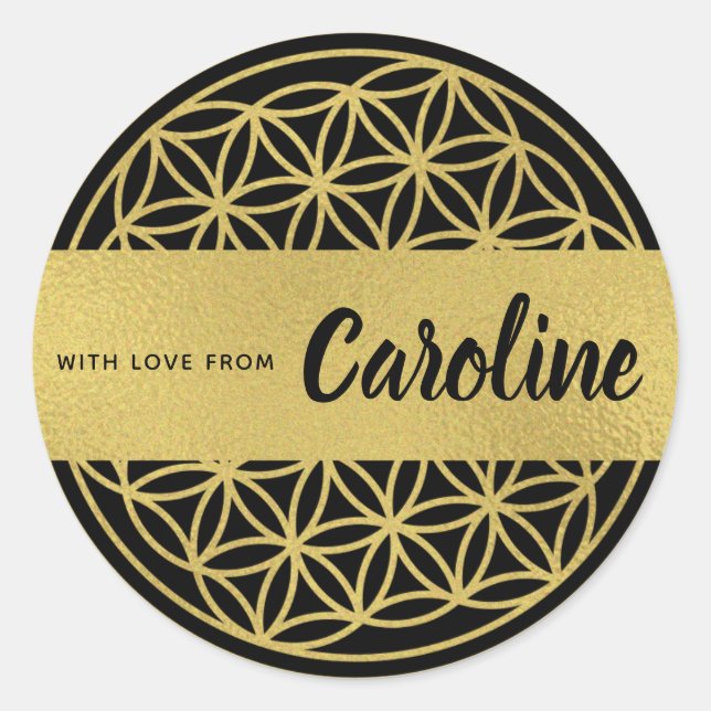Flor de vida pegatinas personalizados oro y negro (Anverso)
