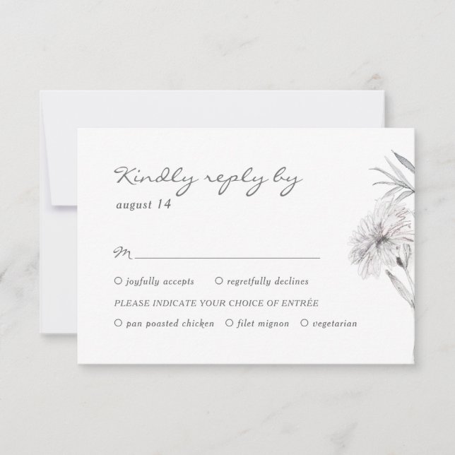 Flor dibujada a mano RSVP boda blanca y negra (Anverso)