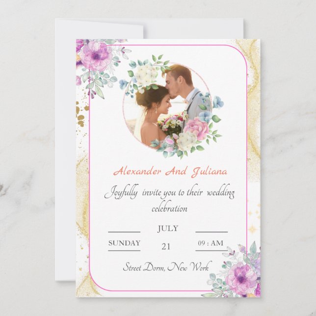 Flor Elegante invitación a la boda con fotografía  (Anverso)
