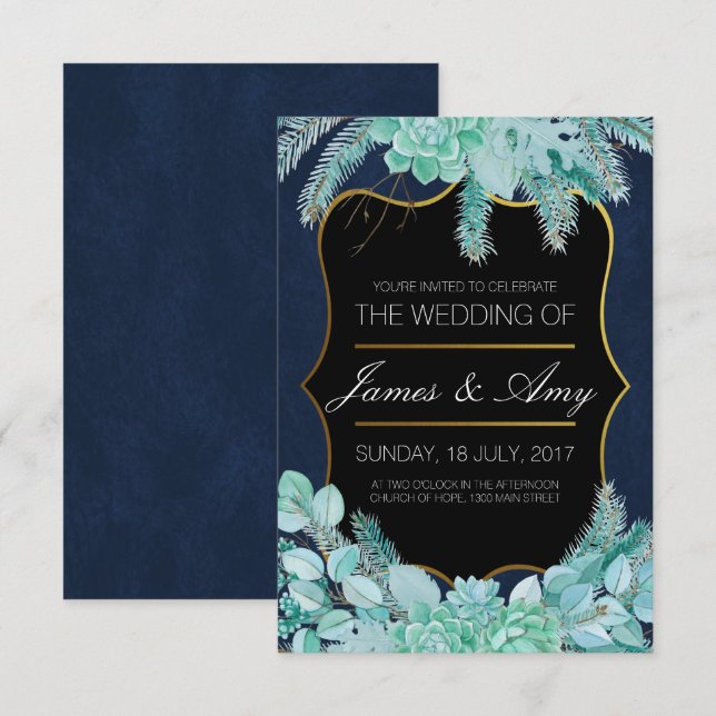 Flor exitosa - Azul verde - Invitación a la boda (Anverso / Reverso)