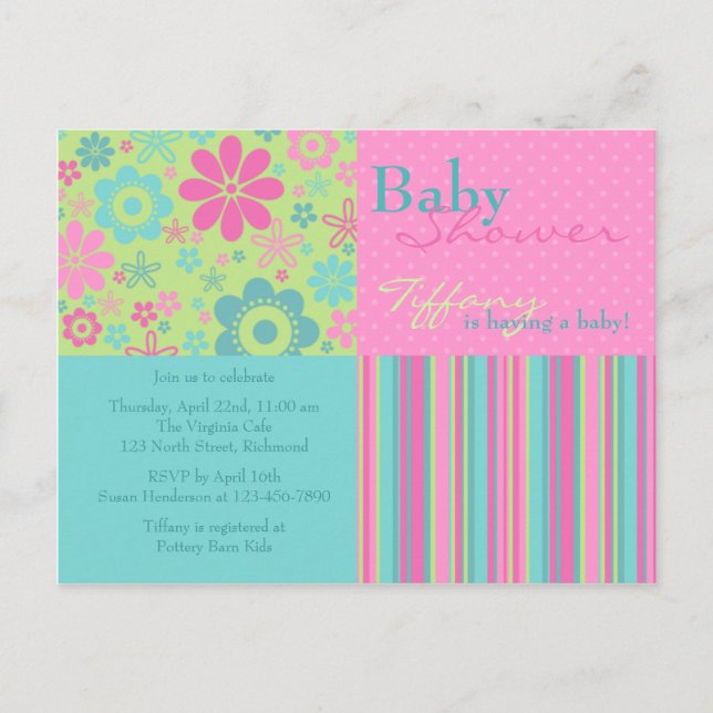 Flor Fizz rosa y azul ・ Invitación Baby Shower (Anverso)