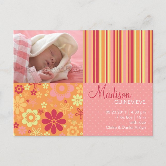 Flor Fizz Rosa y Naranja ・ Invitación para el bebé (Anverso)