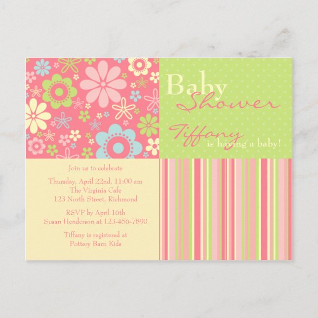 Flor Fizz Rosa y Verde ・ Invitación Baby Shower (Anverso)
