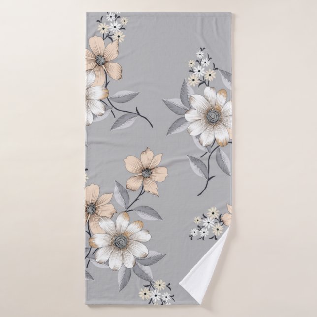 flor gris y blanco Patrón sobre fondo gris (Toalla de baño)