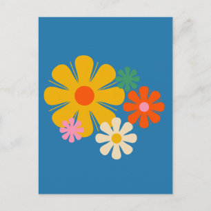 Flor Locus Reto 60 s 70 Floral sobre tarjeta azul