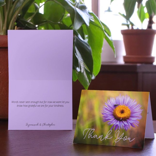 Flor morada de flores e insectos personalizados (cover and inside template thank you greeting card)