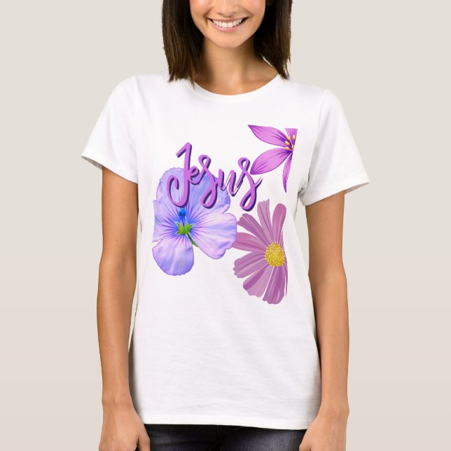Flor morada y rosa Jesús nombró a la camiseta (Anverso)
