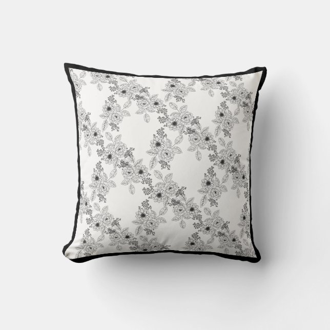 Flor negra y blanca almohada Damask (Anverso)