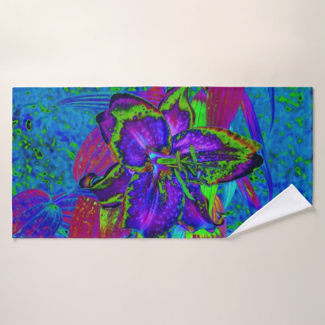 Flor Psicodélica morada y lirio verde limón (Toalla de baño)