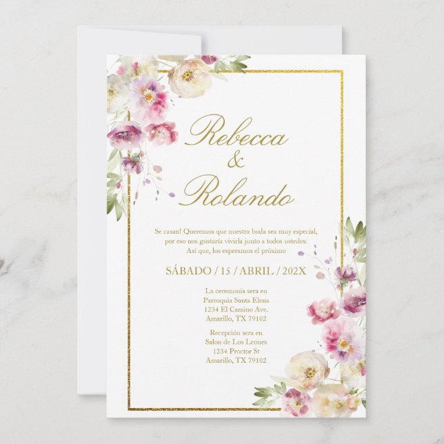 Flor purpl Elegante invitación a matrimonio en esp (Anverso)