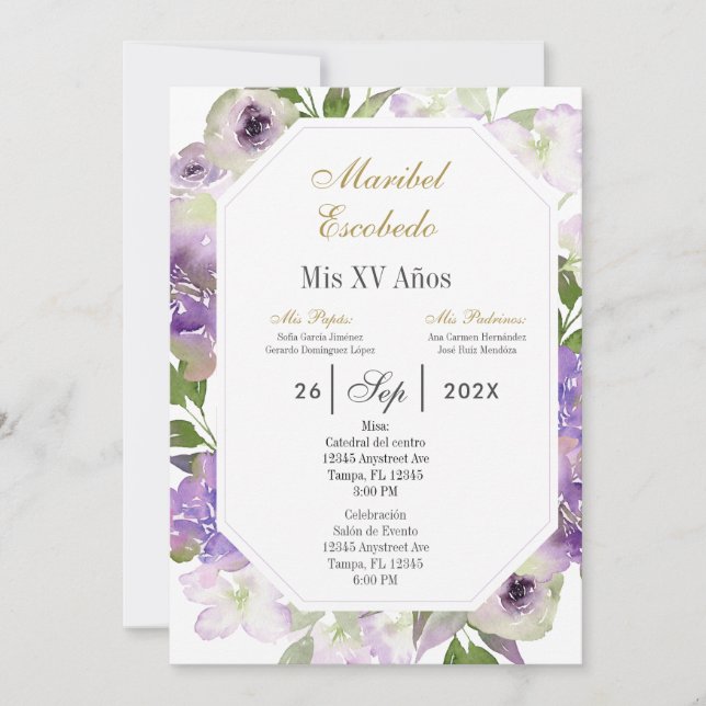 flor púrpura Invitación de Quinceanera (Anverso)