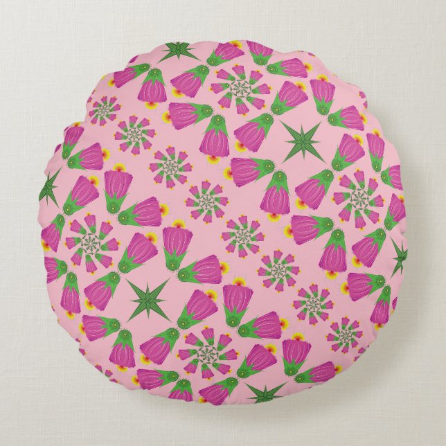 Flor retro Bell Mandalas Almohada rosa redonda (Anverso)