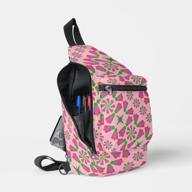 Flor retro de Bell Mandalas Bolsa de Sling rosa (Abierto)