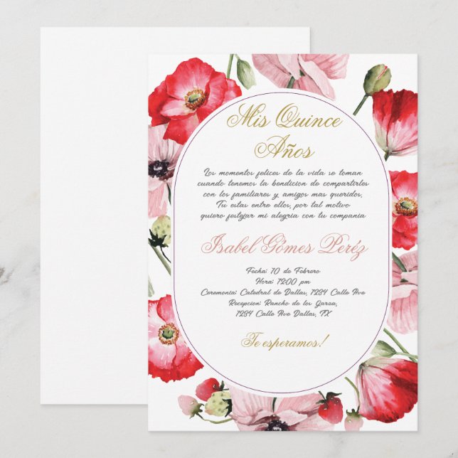 Flor roja y rosa Invitación a quinceañera (Anverso / Reverso)
