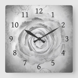 Flor Rosa 13 Reloj de pared cuadrado negro y blanc