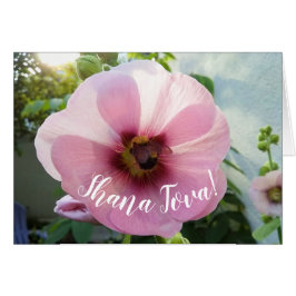 Flor rosa Hollyhock con tarjeta Bee Rosh Hashanah
