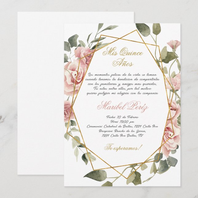 Flor rosa Invitación a Quinceanera (Anverso / Reverso)