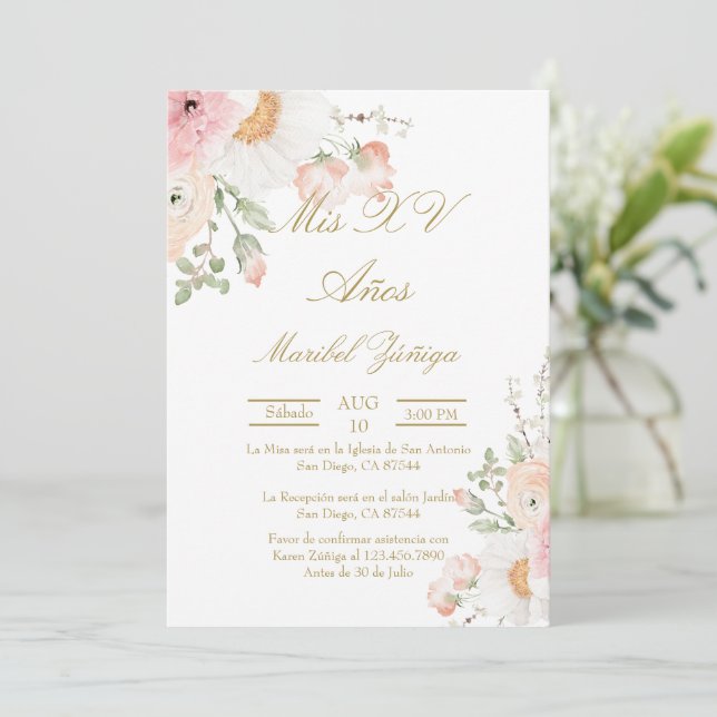 Flor rosa Invitación a Quinceanera (Anverso de pie)
