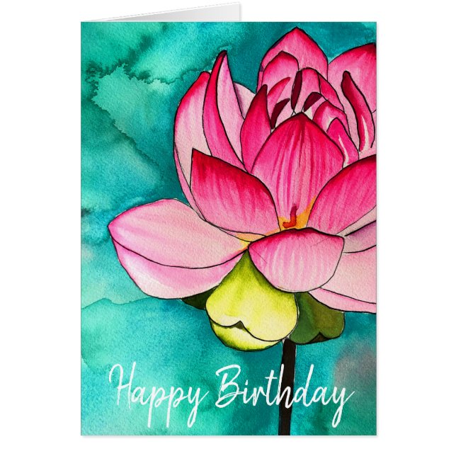 Flor rosa loto de arte fina acuarela (Frente)