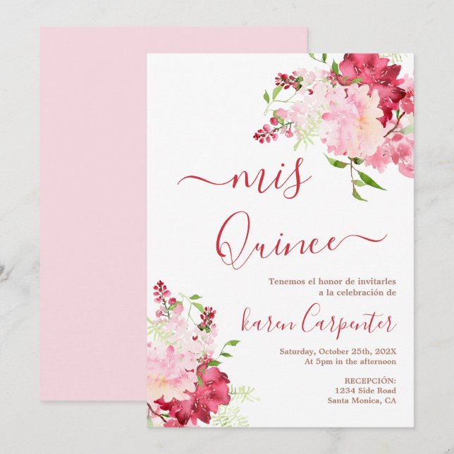 Flor rosa roja Quinceanera Invitación (Anverso / Reverso)