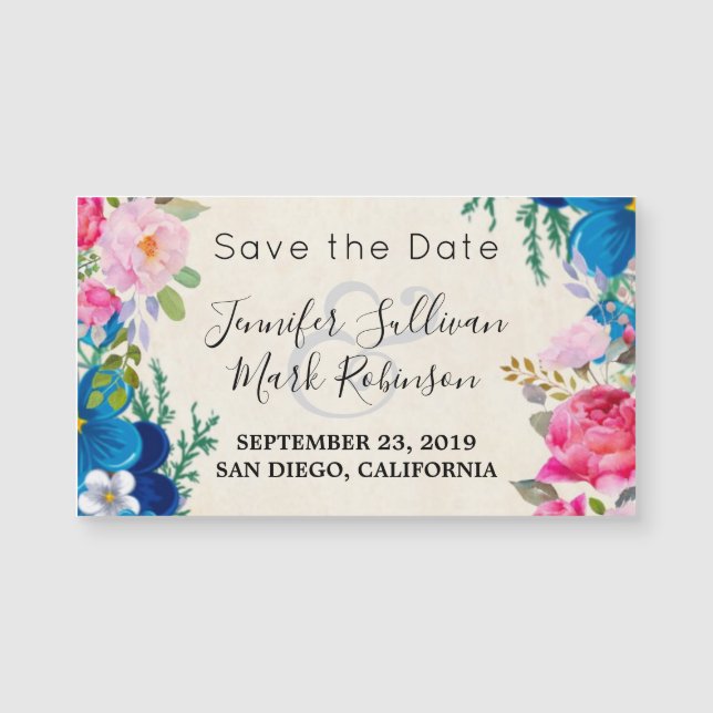Flor rosa y azul Flower Frame Fancy Save the Date (Anverso)