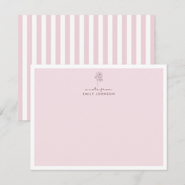 Flor rosa y rayas una nota de la tarjeta plana (Anverso / Reverso)