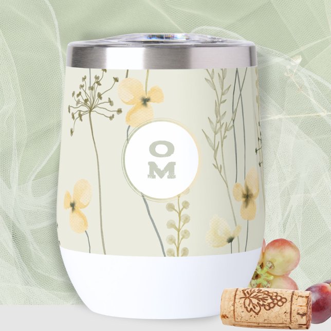 Flor silvestre moderna Monograma Floral verde amar (Modern Wildflower Monogram Thermal Wine Tumbler ©Susanne Sachers - Sunny Mind Design 🌞)