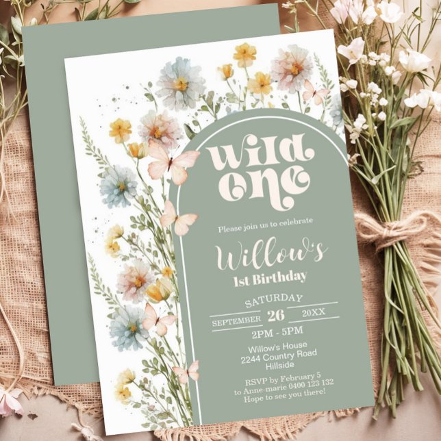 Flor silvestre Un cumpleaños Invitación Boho Sage (Boho Wildflower Wild One 1st Birthday Invitation)