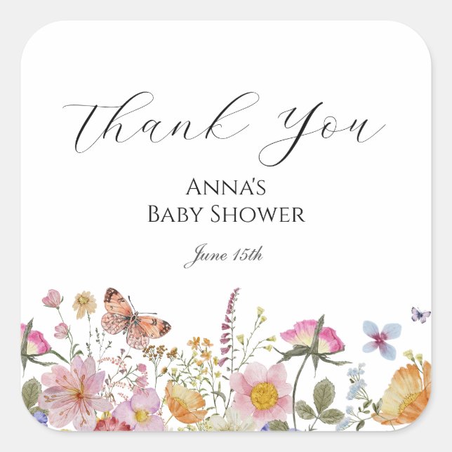 Flor silvestre y mariposas etiqueta Baby Shower Fa (Anverso)