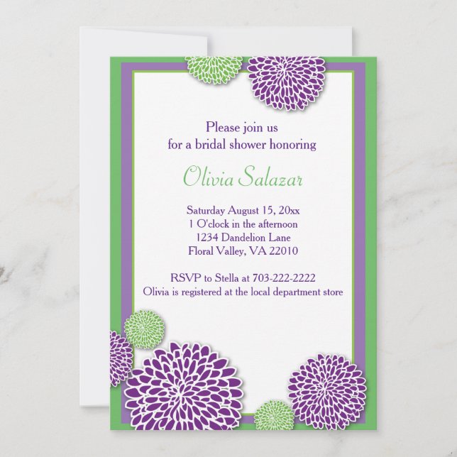 Flor verde y morada Invitación a la ducha de novia (Anverso)