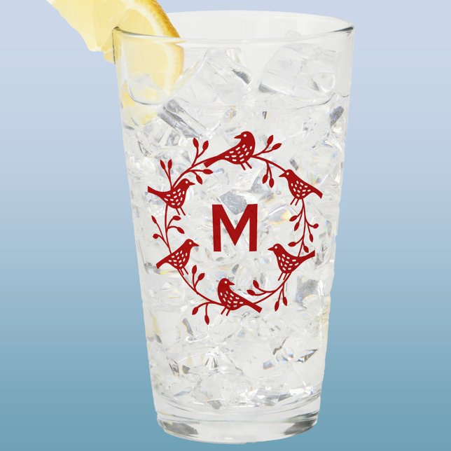 Flor y pájaro de Monograma (Scandinavian bird wreath personalized monogram initial glass tumbler)