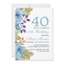 Flora azul acuarela cualquier edad Invitación de c