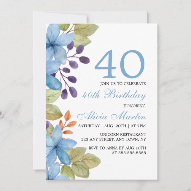 Flora azul acuarela cualquier edad Invitación de c (Anverso)