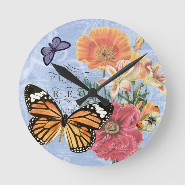Flora de mariposa vintage... reloj de pared (Anverso)