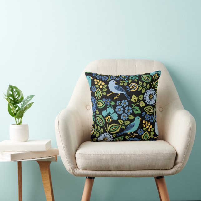 Flora de pájaro azul sobre Cojín decorativo negro (Silla)