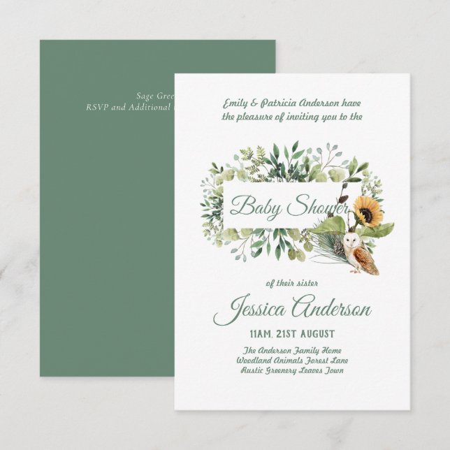 Flora de Woodland y Fauna BABY SHOWER invitan (Anverso / Reverso)