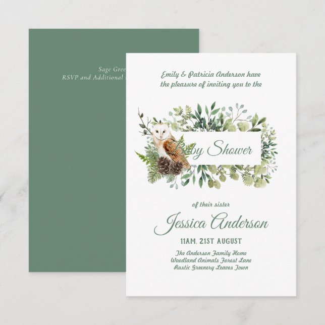 Flora de Woodland y Fauna BABY SHOWER invitan (Anverso / Reverso)