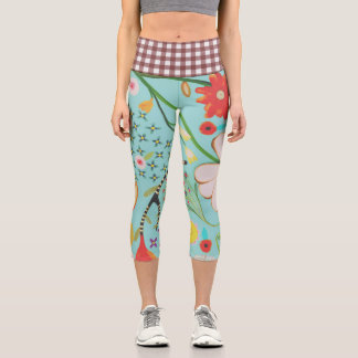 Flora verde de cintura de Gingham Capri Leggings