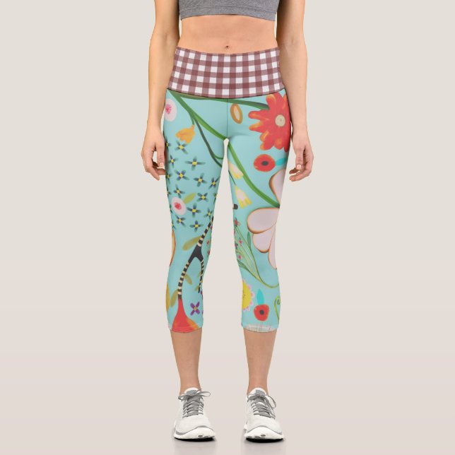 Flora verde de cintura de Gingham Capri Leggings (Anverso)