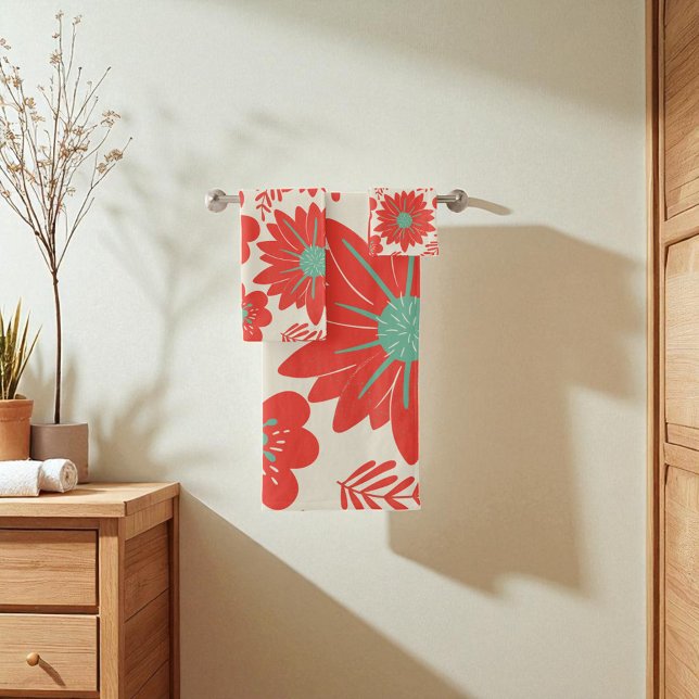 Flora verde roja retro vintage (Retro Vintage Red Green Floral Bath Towel Set)