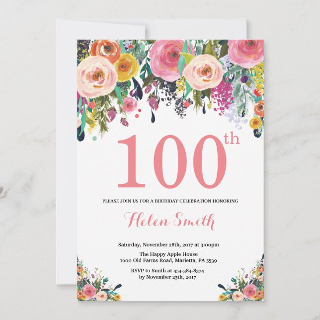 Floral 100.ª invitación de cumpleaños color rosa (Anverso)