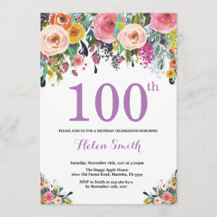 Floral 100.ª invitación de cumpleaños morado