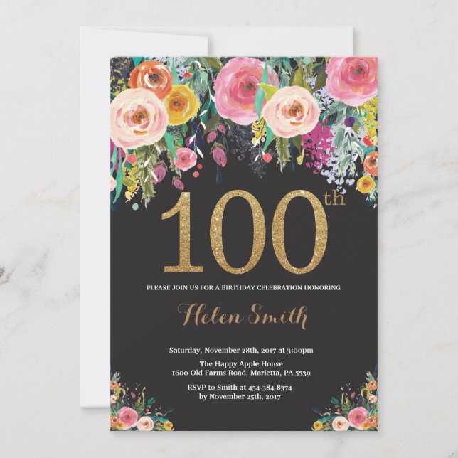 Floral 100.ª invitación de cumpleaños Purpurina de (Anverso)
