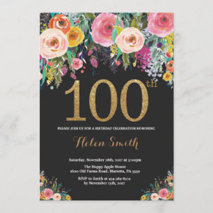 Floral 100.ª invitación de cumpleaños Purpurina de
