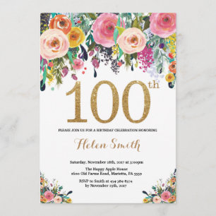 Floral 100.ª invitación de cumpleaños Purpurina de