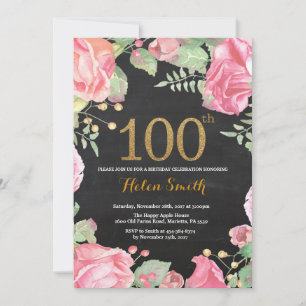 Floral 100.ª invitación de cumpleaños Purpurina de