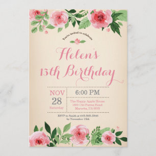 Floral 13.ª Invitación de cumpleaños acuarela rosa
